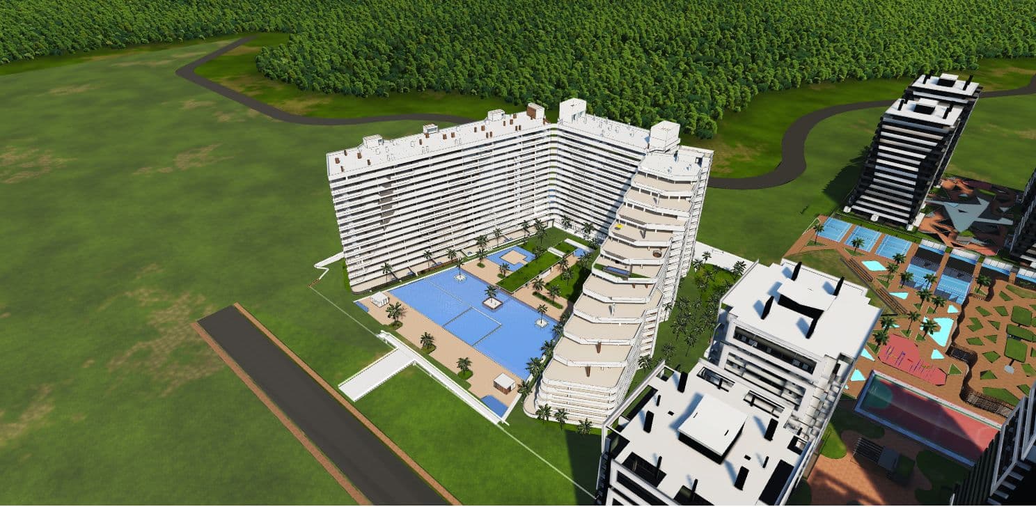 Aerial view of the 3D tour: a residential complex with a pool, the forest behind it and the buildings next door.